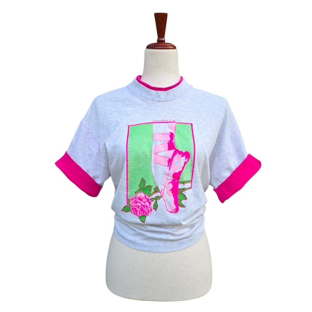 VTG 90s T-Shirt Size L Gray Hot Neon Pink Ballerina Shoes 1992 Rose Cottagecore